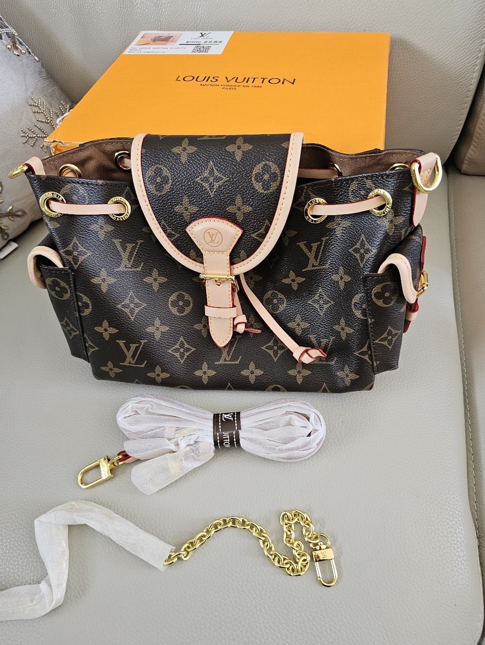 Monogram Small Drawstring Shoulder Bag in Brown and Pink with Box And Dustbag